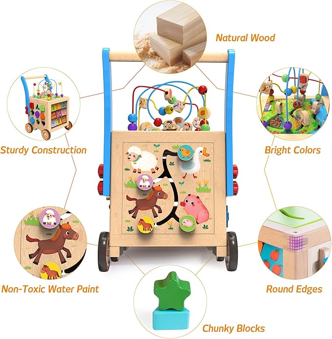 9-in-1 Wooden Activity Cube | Wooden Baby Walker, Sit-to-Stand Learning Walker Activity Center, Early Educational Push & Pull Toys for Baby Toddler Boys Girls, Height & Brake Adjustable