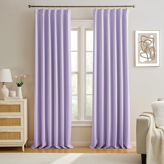 KEQIAOSUOCAI Lilac Blackout Curtain Drapes Pleated with Hooks,Thermal Insulated Solid Drapes Light Blocking Window Treatment for Bedroom Living Room(Lavender, 2 Panels, W40 x L102)