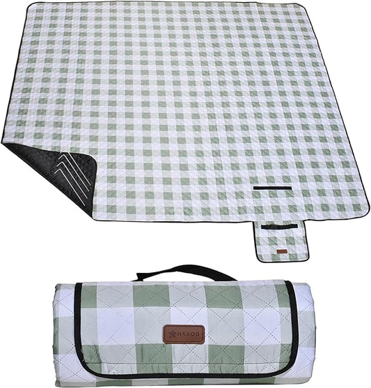 HX&OD Outdoor Picnic Blanket, Extra Large, 80''x80'' Waterproof Foldable Blankets Gingham Picnic Mat for Beach, Camping Grass Lawn Park Accessories Cute Couple Ideas Wedding (Green, 80”x80”)