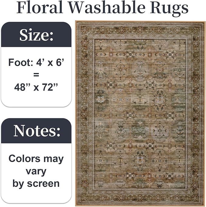4x6 Area Rug for Bedroom Machine Washable, Non Slip Vintage Floral Kitchen Rugs for Dining Room, Low Pile Indoor Floor Print Carpet for Nursery Farmhouse Home Office Olive/Charcoal
