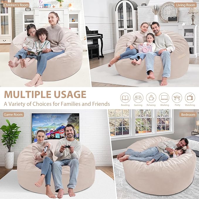 5FT Bean Bag Chair, Large Bean Bag Chairs with Memory Foam Filled, Fluffy Beanbag Sofa with Dutch Velvet Cover, Round BeanBag Chairs for Living Room, Playroom - Beige