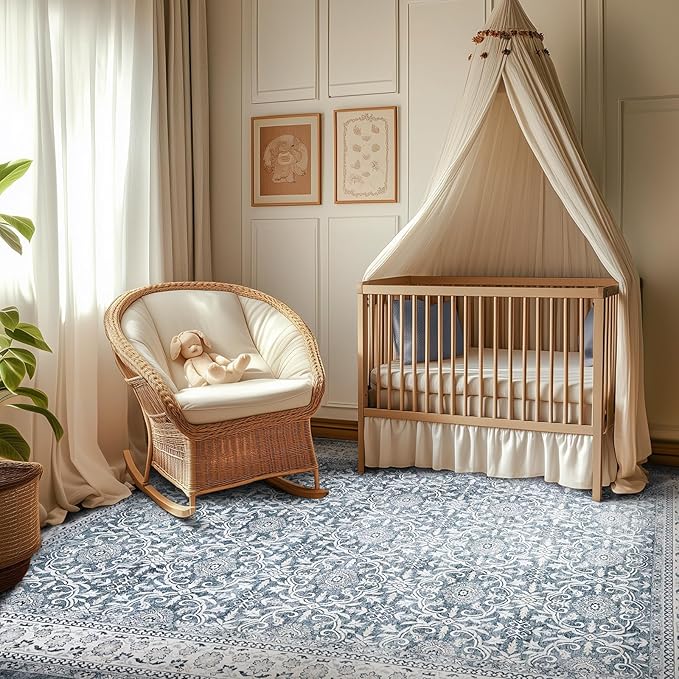 jinchan Floral Area Rugs 4x6 - Machine Washable Vintage Distressed Boho Design Throw Rug Stain Resistant Carpet Low Pile Ultra-Thin Non-Slip for Bedroom Living Room Dining Room Kitchen (4‘x6',Grey)