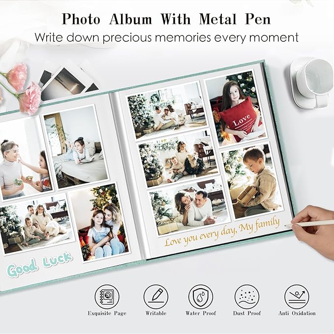 Spbapr Large Photo Album Self Adhesive 60 Pages Linen cover DIY Magnetic Scrapbook album with A Metal Pen Hold 4x6 5x7 6x8 8x10 10x12 Pictures Khaki
