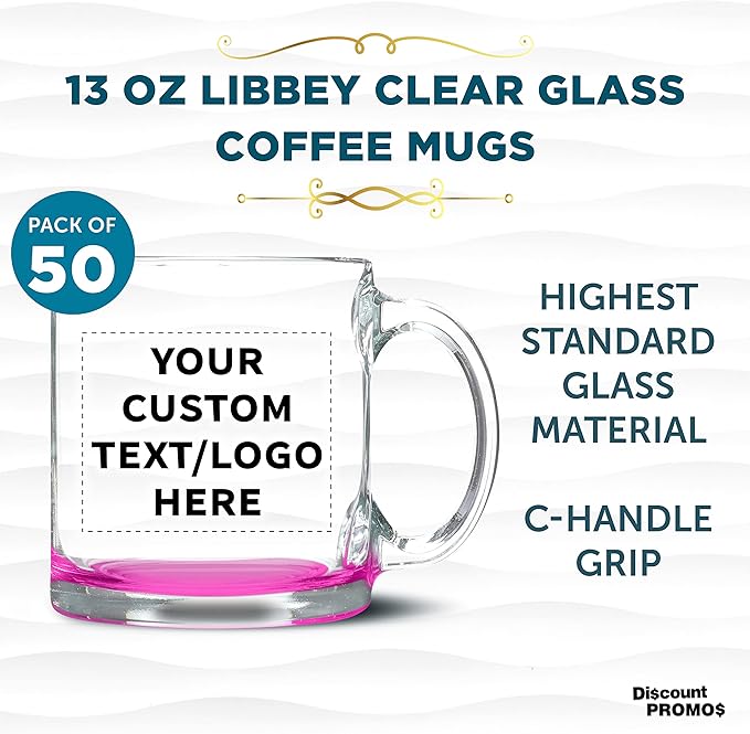 Custom Libbey Clear Glass Coffee Mugs 13 oz. Set of 50, Personalized Bulk Pack - Perfect for Coffee, Tea, Espresso, Hot Cocoa, Other Beverages - Pink Bottom