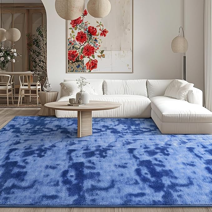 Kimicole 4x6 Washable Area Rugs for Bedroom Living Room, Low Pile Ulta-Thin Solid Color Rug, Non-Slip Soft Fluffy Carpet for Nursery Kids Room Dorm Room Home Decor (Blue)