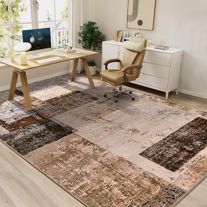 LOCHAS Rug for Living Room, Washable Soft Area Rugs for Bedroom 8x10, Abstract Carpet for Indoor Office Kids Dining Room Nursery Floor, Brown Geometric Vintage Home Decor, Non Slip, Pet Child Friendly