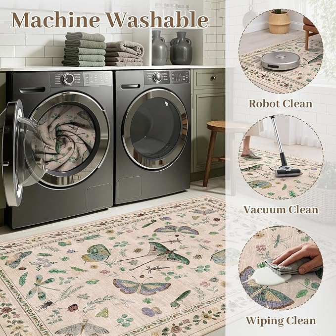 4ft Washable Round Rug - Bug Rugs for Living Room Non-Slip Low Pile Soft Ultra-Thin Machine Washable Circle Carpet for Bedroom, Entryway, Nursery, Kitchen, Home Office (4' Round Beige)