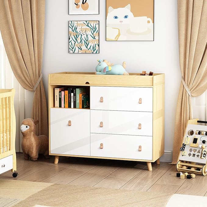 Baby Dresser Changing Table with Drawers,Shelf,Hidden Laundry Basket Storage,2 in 1 Nursery Dresser Chest for Infants, Baby Diaper Changing Station for Daycare,Bedroom,Natural