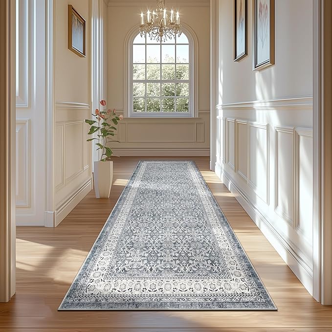 jinchan Hallway Runner Rug 2x8 - Machine Washable Grey Vintage Floral Distressed Design Soft Non-Slip Low-Pile Ultra-Thin Runner Rug for Kitchen Laundry Room Bedroom Farmhouse (2‘x8',Grey)