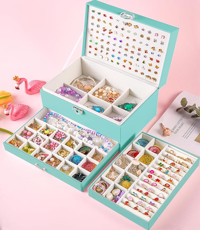 Earrings Jewelry Box for Girls, 5 Layers Jewelry Organizer with Earring Holder Organizer for Girls Earring Organizer Jewelry Boxes for Women Earrings and Necklaces Jewelry Box Organizer Teal