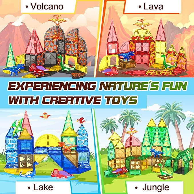 102PCS Dinosaur Toys Magnetic Tiles with 8 Dinosaurs - Jurassic Scenes Dinosaur World Adventure Set, Magnetic Blocks Kids Toys for Boys & Girls Ages 3+, Sensory Toddler Creative Kids Games Gifts