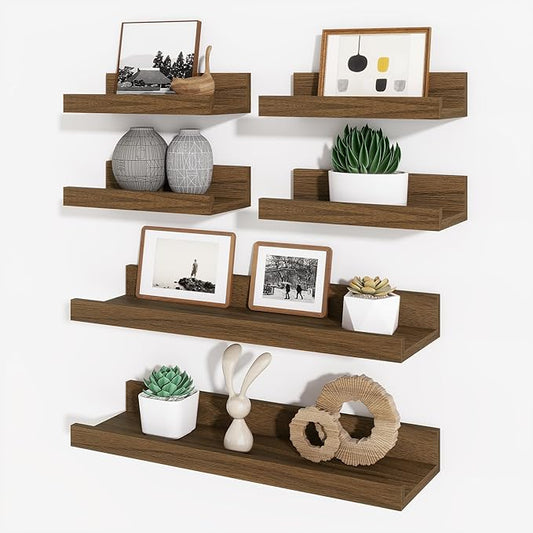 Axeman Picture Ledge Shelf, Floating Shelves for Wall Decor Storage Set of 6, 16 inch Floating Wall Mounted Shelves, Wall Shelves with Lip for Living Room, Bedroom, Nursery, Bathroom, Kitchen, Walnut