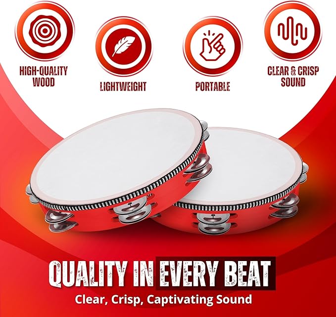 Flexzion Wood Handheld Tambourine Adults 8-Inch Double Row 8-Pair Jingles (Red) - Percussion Round Tamborines Musical Instrument with Metal Zills