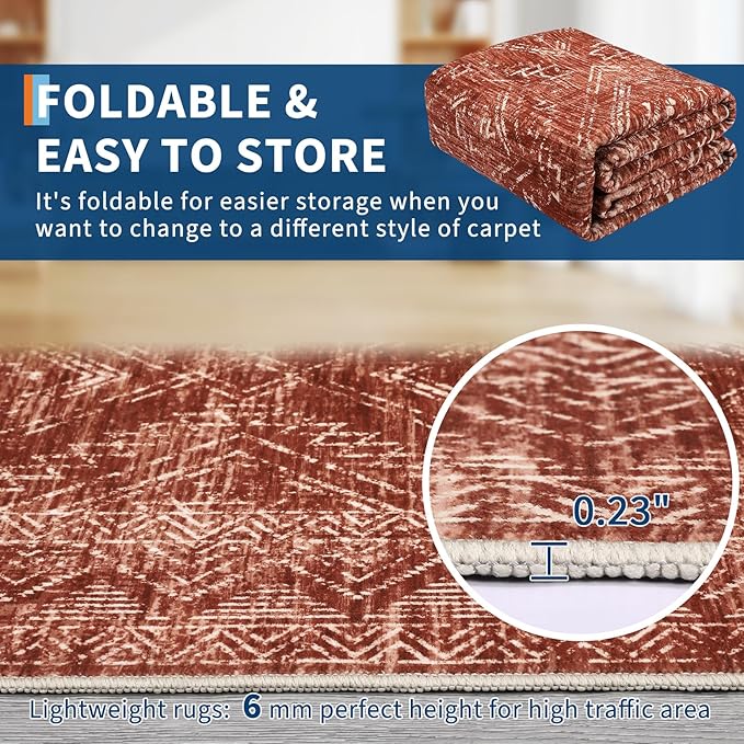 COZYLOOM 2x8 Rug Modern Indoor Area Rug Machine-Washable for Living Room or Bedroom Softness Foldable Carpet for Easy Storage Geometric Design Non Slip Rug Stain Resistant Carpet, Brick Red
