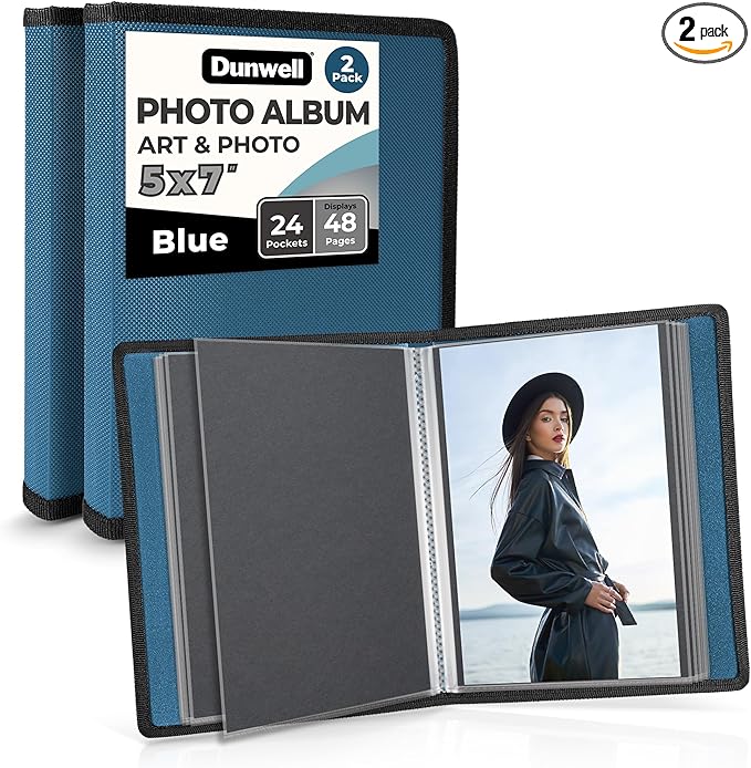 Dunwell Small Photo Album 5x7 (2-Pack, Blue), Mounting Paper, 5 x 7 Photo & Art Portfolio Presentation Binder, 24 Sleeves Display 48 Pages, Professional Picture Book for 5x7 Artwork, Postcards