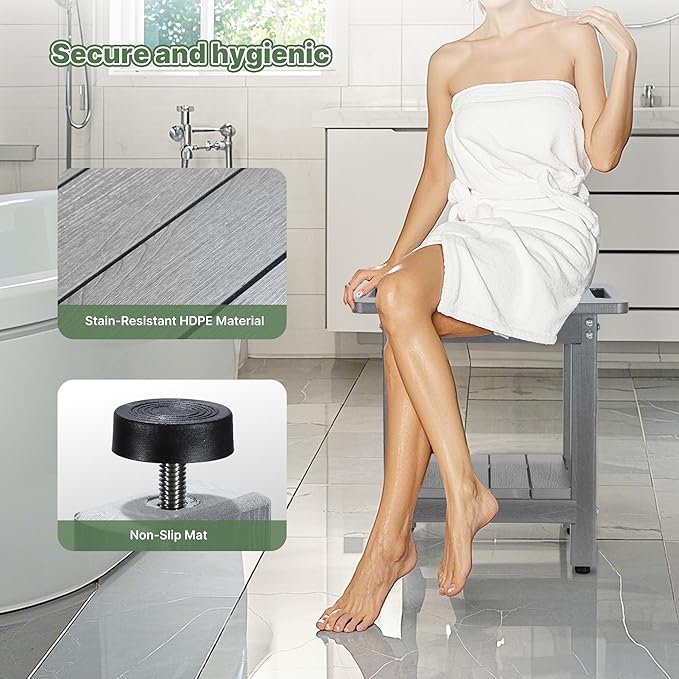 HDPE Shower Bench Seat Capacity 300LB, Waterproof Bathroom Stool with Side Carry Holes, Compact 16.8" L Design, Non-Slip Shower Seat for Elderly, Shaving Legs & Spa - Indoor/Outdoor Use (Gray)