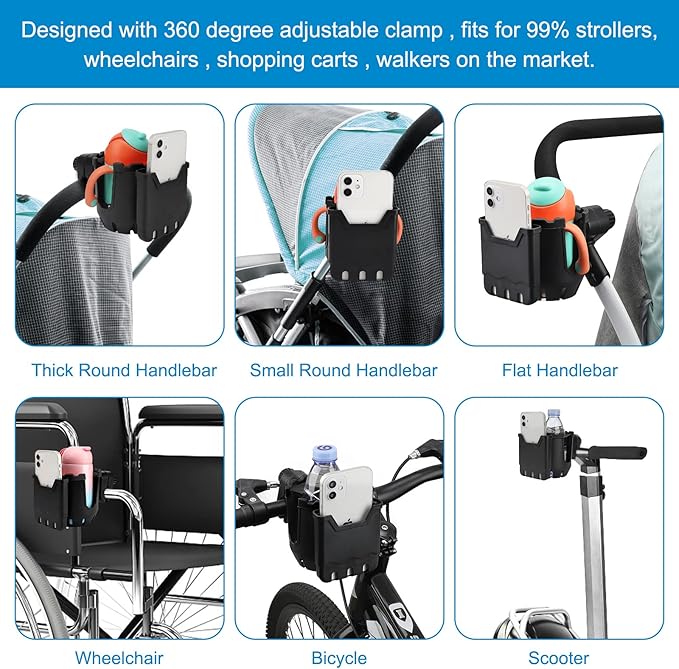 Accmor Stroller Cup Holder with Phone Holder, Universal Cup Holder, Bike Cup Holder, 360° Rotatable Large Caliber Drinks Holder for Stroller, Bike, Wheelchair, Walker