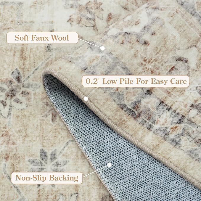 LIVEBOX Washable 2x6 Runner Rug for Bathroom, Non Slip Kitchen Mats for Floor Entryway, Boho Indoor Front Door Mat Low-Pile Runners for Hallways, Farmhouse Rugs for Bath Laundry, Tan