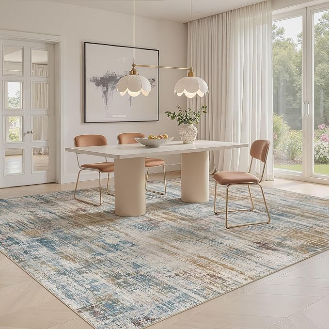 Area Rug for Living Room: 9x12 Washable Neutral Abstract Modern Soft Rugs Non Slip Indoor Floor Stain Resistant Large Carpet for Bedroom Dining Room Office Nursery - Blue Brown