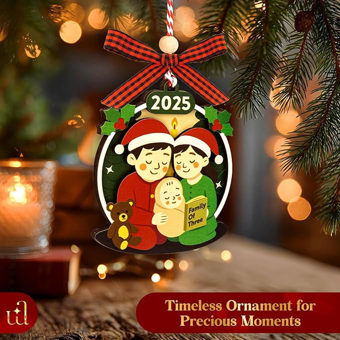 Family of 3 Christmas Ornaments 2025 - Our First Christmas As A Family of Three Ornament 2025, Unique Baby 1st Xmas Ornaments, New Parents Gifts for Mom Dad Xmas Tree Decorations