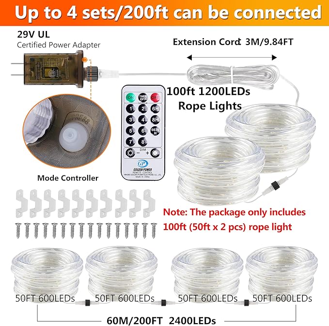 100ft 1200 LED Rope Lights Outdoor, Connectable Warm White Rope Lights Plug in, Outdoor String Lights Waterproof Decorative Lighting for Deck Patio Backyard Garden Pool Camping Room Indoor Décor