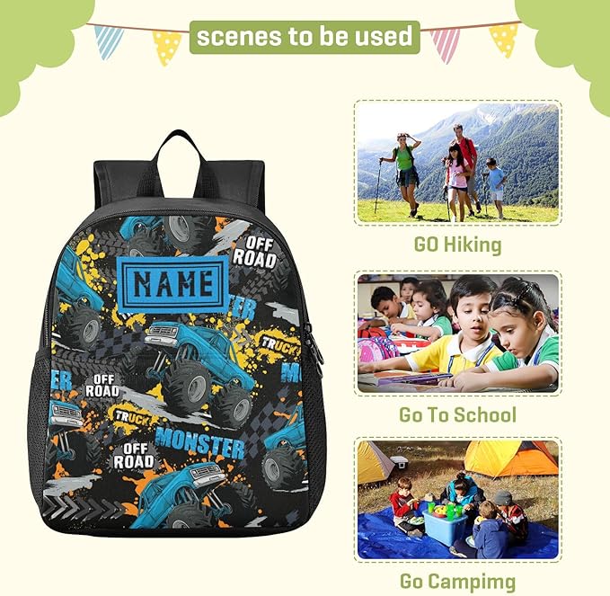 Monster Truck Toddler Backpack Waterproof Mini Backpack with Name/Text Preschool Backpack Cute Small Kindergarten Pre School Bags 13 Inch, Medium, Pattern 4