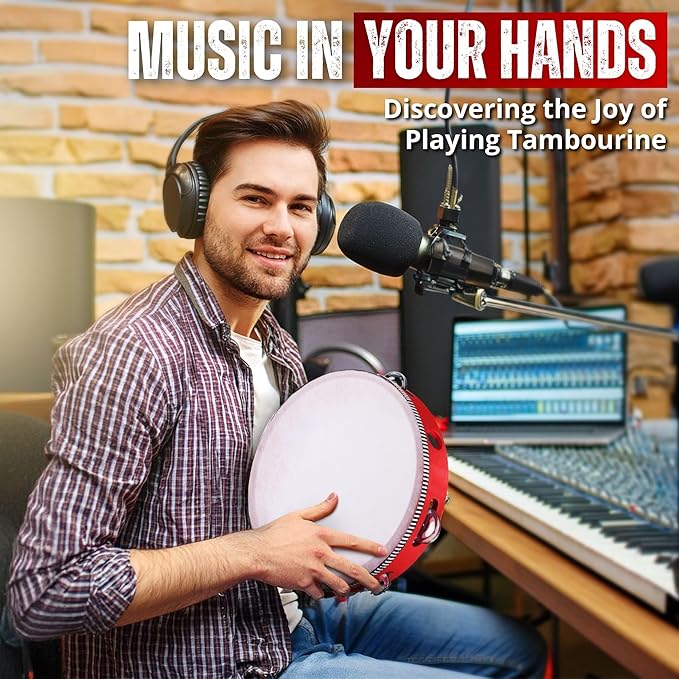 Flexzion Wooden Round Tambourine for Kids and Adults 10" Inch Single Row 8 Pair Jingles, Red Handheld Percussion Instrument for Beginner and Professional Tambourine Player