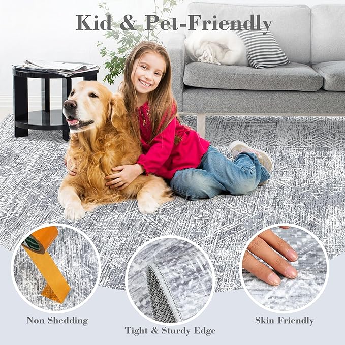 COZYLOOM 2x6 Runner Rug Hallway Modern Washable Distressed Accent Carpet with Non-Slip Backing, Ultra-Soft Contemporary Geometric Floor Mat for Living Room, Kitchen, Bedroom, Grey