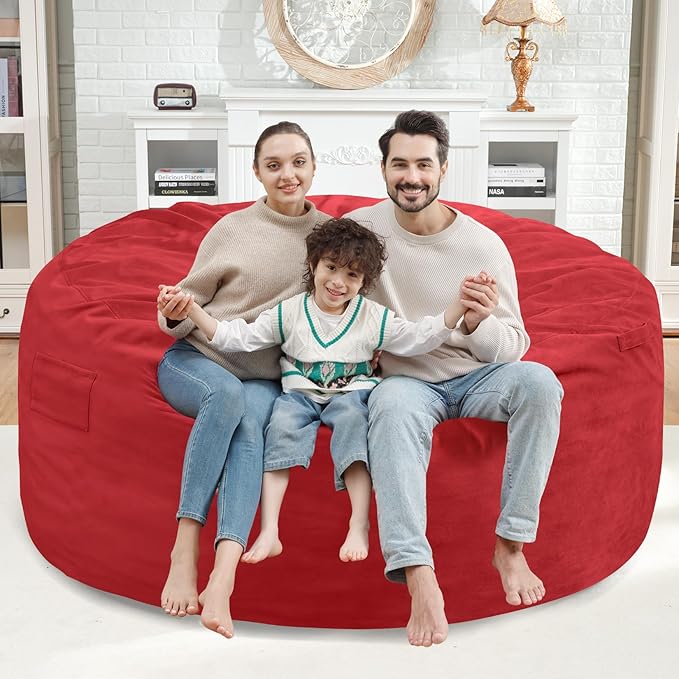 5FT Bean Bag Chair, Large Bean Bag Chairs with Memory Foam Filled, Fluffy Beanbag Sofa with Dutch Velvet Cover, Round BeanBag Chairs for Living Room, Playroom - Red