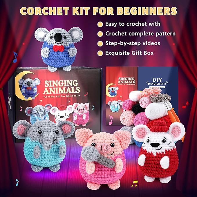 Crochet Kit for Beginners - 4 PCS Crochet Starter Kit with Step-by-Step Video Tutorials, for Adults Kids - Elephant Mouse Pig Koala Microphone Crocheting Set