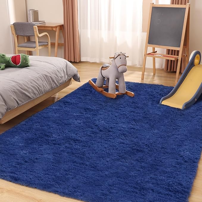 Soft 9x12 Blue Rug, Fluffy Area Rugs for Living Room, Plush Navy Area Rugs for Bedroom, Non-Slip Indoor Carpet for Nursery, Study Room, Kids Room, Room Decor