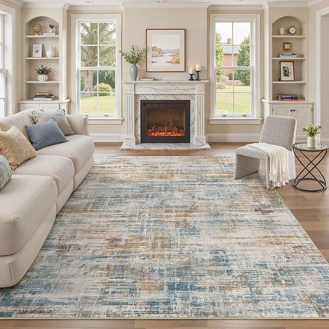 Area Rug for Living Room: 8x10 Washable Neutral Abstract Modern Soft Rugs Non Slip Indoor Floor Stain Resistant Large Carpet for Bedroom Dining Room Office Nursery - Blue Brown