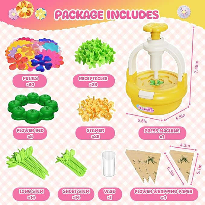 Fabric Flower Bouquets Toys, DIY Flower Making Kit for Kids 4 5 6 7 8 9 10 11 12 Year Old Girl Birthday Christmas Gift, Art and Crafts Kit Flowers Toys for Girls 4-6 6-8 8-12 Year Old (YELLOW)