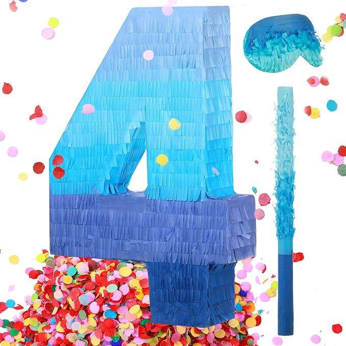 Sratte Number 1 2 3 4 5 6 7 8 9 Piñata with Stick Blindfold Confetti, Gradient Blue Piñata for Kids Boys Girls Birthday Party Anniversary Decorations Supplies(Number 4)