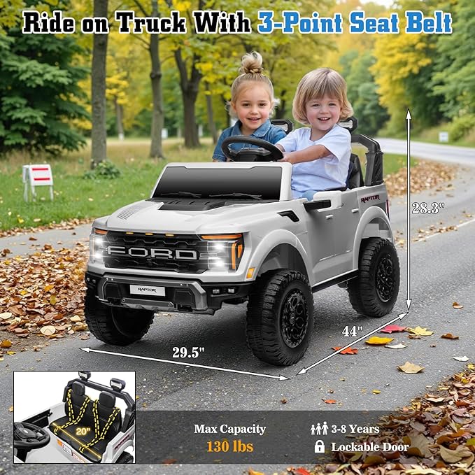 24V Ride on Car Licensed Ford F-150 Raptor, Kids Electric Car with Remote Control, LED Light/Music/MP3, Truck Bed Storage, 3-Point Seat Belt (24V, White)