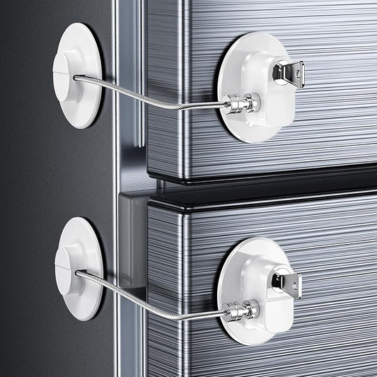 2 Pack Refrigerator Lock with Sticky Adhesive Pads, Child Proof Refrigerator/Fridge/Freezer Door Lock for Toddlers and Kids, Baby Safety Locks for RV Refrigerator, Cabinets and Drawers, Oven (Patent)