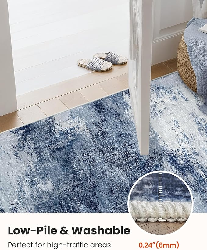 Amada Washable Entry Rug, 2x3 Modern Abstract Rug with Short Pile and Non-Slip Backing, Small Rug with Abstract Pattern for Entryway, Kitchen and Living Room, Dark Blue