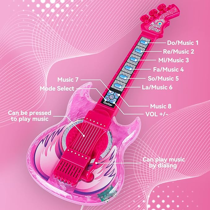 Guitar and Microphone Play Set for Girls,Karaoke Machine with Music&Light,Microphone Toys with Stand,Adjustable Height Guitar Toys for Kids,Toddlers,Child(Red)
