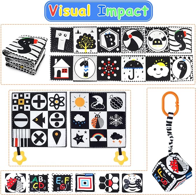 KUANGO 3 PCS Black and White High Contrast Baby Toys Newborn Toys 0-6 Months, Visual Stimulation Sensory Soft Book, Infant Tummy Time Toys 0-3-6 Months Baby Gifts