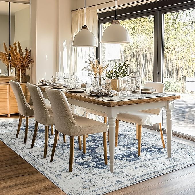 jinchan Washable Area Rug 8x10 for Living Room Soft Faux Wool Ultra-Thin Stain Resistant Non-Slip Distressed Vintage Floral Large Carpet for Bedroom,Dining Room,Home Office,Nursery(Dark Blue, 8'x10')