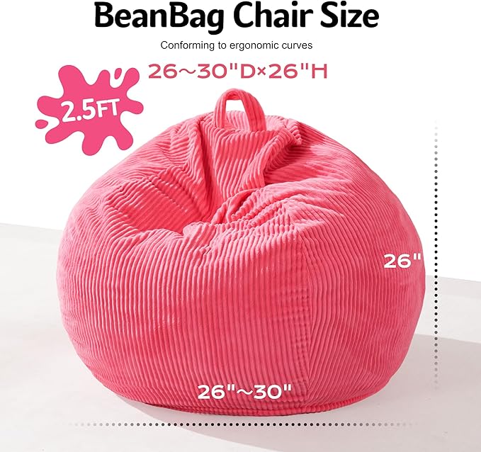 Homguava 2FT Bean Bag Chair,Teardrop Bean Bags Small Beanbag Chair with Memory Foam Filled and Ultra Soft Corduroy Cover for Living Room, Bedroom (Small,Pink)