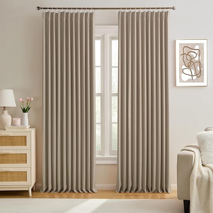 KEQIAOSUOCAI Pleated Blackout Curtain Drapes for Window 95" L - Triple Weave Energy Saving Solid Pinch Pleat Hook Thermal Room Divider Blackout Panels for Patio (72" Wide per Panel, 2 Panels, Khaki)