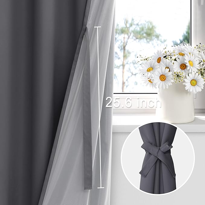 XWZO 100% Blackout Curtains 45 Inches Long with Tiebacks- Privacy Protection & Noise Blocking Rod Pocket Window Draperies with Black Liner for Bedroom/Living Room, Dark Grey, W52 x L45, Set of 2