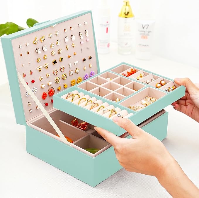 Girls Jewelry Box for Earrings Jewelry Organizer Box Teen Girls Earrings Organizer Jewelry Box Earring Holder Organizer Stud Earring Box for Girls Womens Jewelry Case Organizer Teal