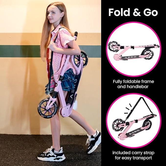 Aero Big Wheels Kick Scooter for Kids 6+, Teens & Adults | Light Up Wheels, Hand Brake, Rubber Deck Mat & Shock Absorption | Foldable & Height Adjustable
