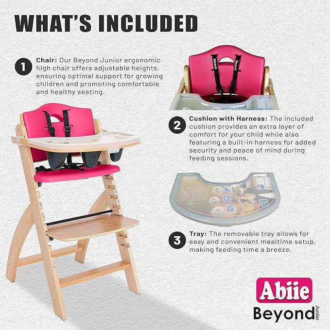 Abiie Beyond Junior Wooden High Chair with Tray - Adjustable and Convertible High Chair for Babies and Toddlers - 6 Months to 250 Lb - Water Resistant - Natural Wood/Raspberry Cushion