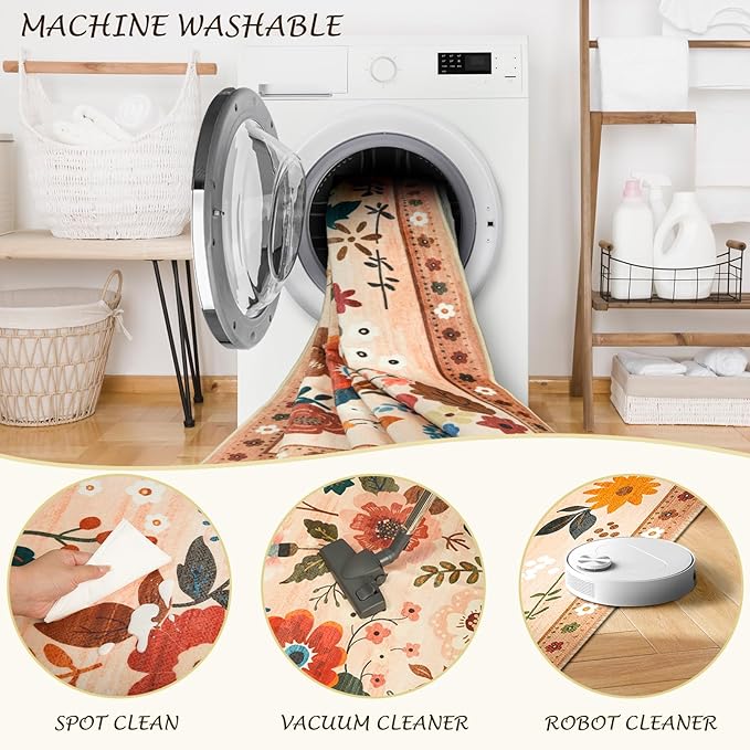 Floral 9x12 Area Rug Machine Washable Soft Print Boho Carpet Non Slip Doormat Low Pile Flower Area Rugs for Living Room Bedroom Nursery Kitchen Dining Room Indoor-Light Orange