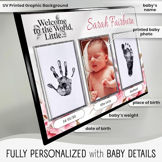 Baby Hand and Footprint Kit with Photo & Birth Details, Inkless Hand and Footprint Kit, Newborn Keepsake Plaque, Baby Shower Gifts (STYLE 1 (Fully Personalized) (Welcome To The World - Baby Girl))