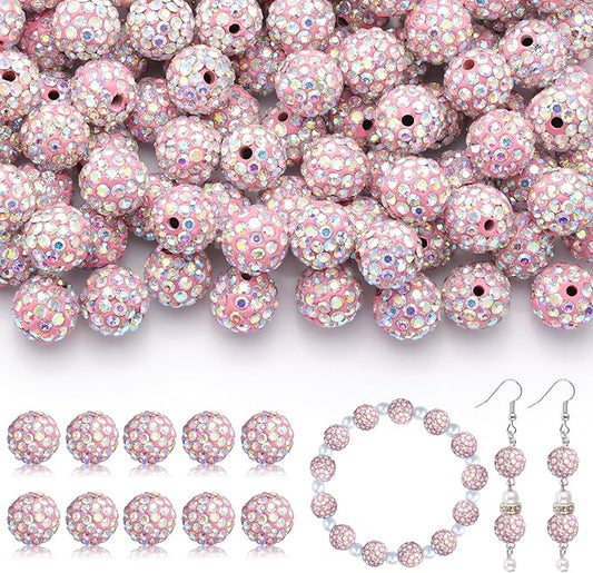 160pcs 10mm Rhinestone Beads for Jewelry Making, Pink AB Shiny Round Disco Ball Beads Bulk, Sparkle Crystal Clay Christmas for Bracelet Baseball Necklace Earring Crafting and DIY