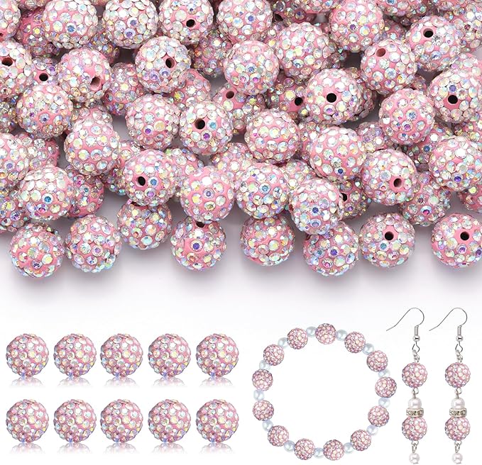105pcs 10mm Rhinestone Beads for Jewelry Making, Pink AB Shiny Round Disco Ball Beads Bulk, Sparkle Crystal Clay Christmas for Bracelet Baseball Necklace Earring Crafting and DIY